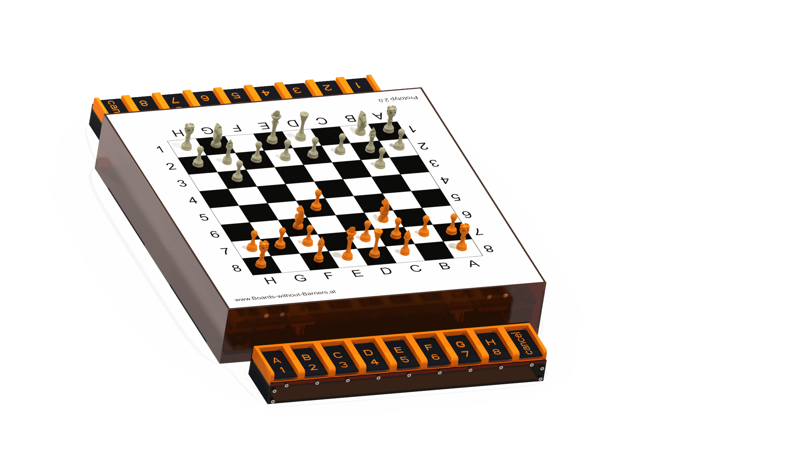 Boards without Barriers – interaktiver Prototyp 2.0 für barrierefreies Schachspielen Barrierefreies Schachbrett Boards without Barriers – vollständig aufgebauter Prototyp 2.0 mit Schachfiguren und integriertem Eingabegerät zum barrierefreien Schachspielen