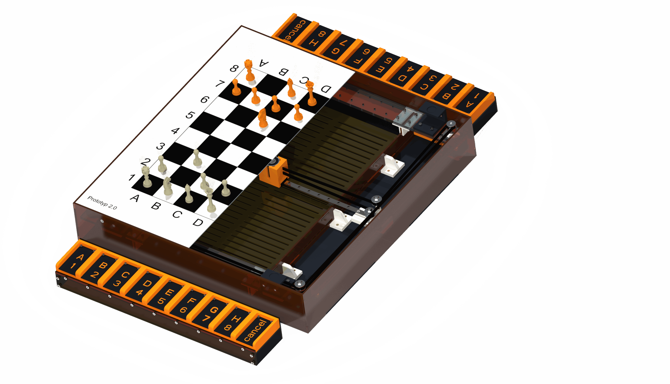 Boards without Barriers Prototyp 2.0 – geöffneter Aufbau mit Mechanik und Innenansicht des barrierefreien Schachbretts Barrierefreites Schachbrett Boards without Barriers – teilweise geöffneter Prototyp 2.0 mit sichtbarem X/Y-Achsen-Mechanismus und dem Innenleben des Geräts